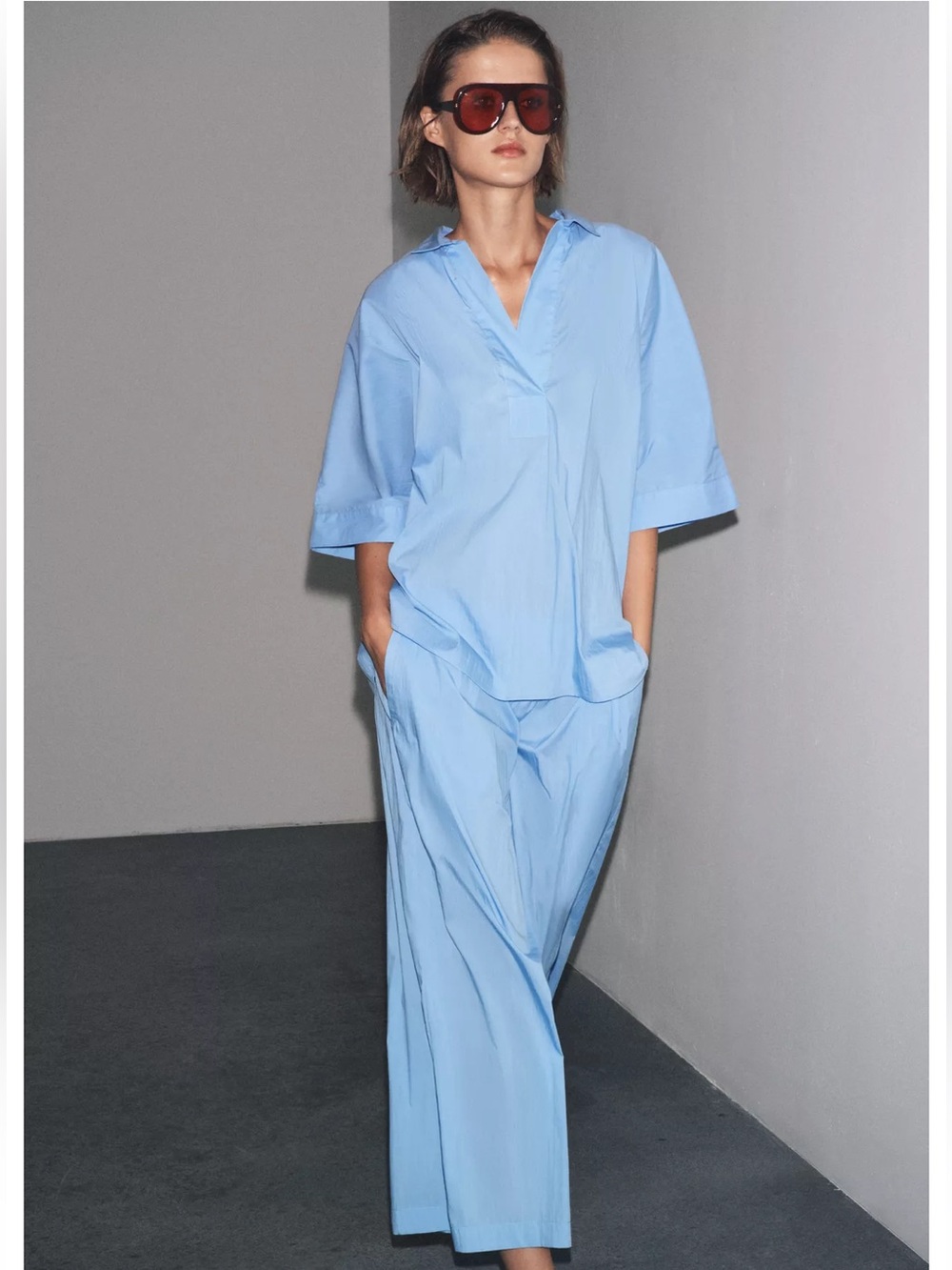 Zara Blue Wide-Leg poplin pleated Elastic Waist Pants - Picture 6 of 13